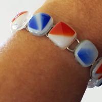 Red White and Blue Link Bracelet, Fused Glass