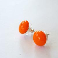 Orange Stud Earrings, Fused Glass, Sterling Silver Post