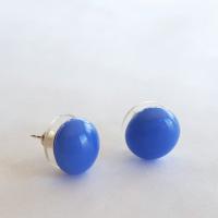 Azure Blue Stud Earrings, Sterling Silver Posts, Fused Glass