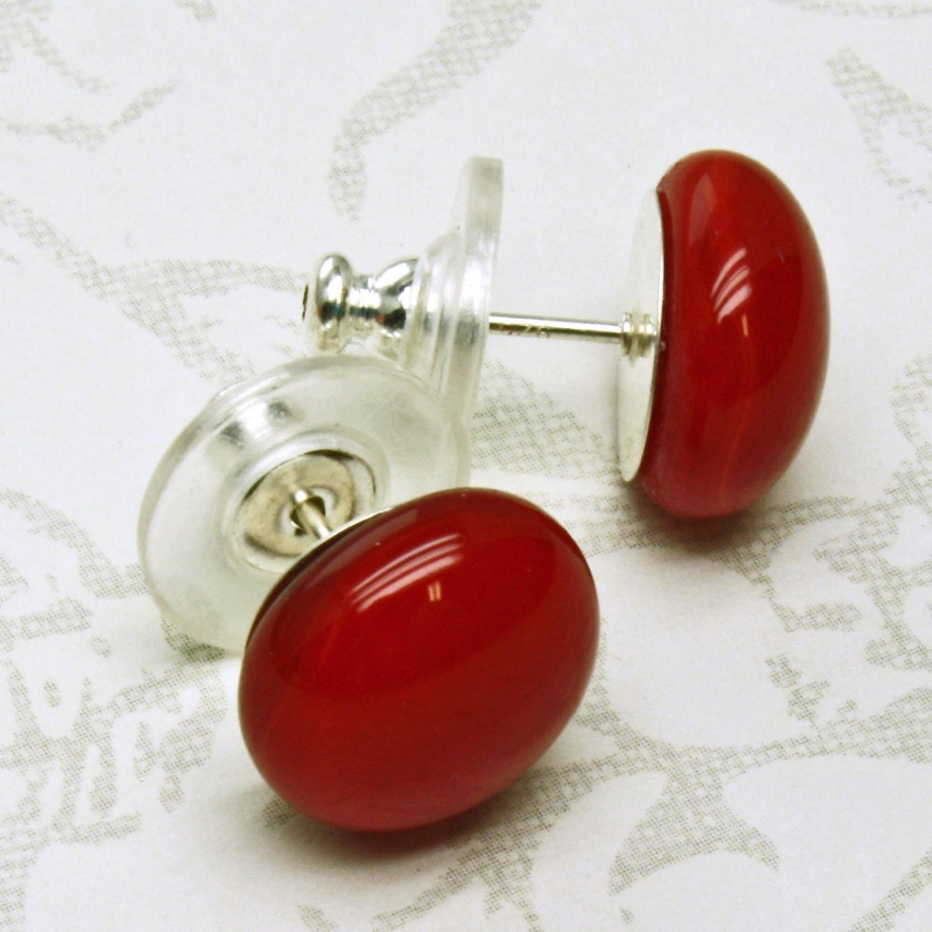 Red Stud Earrings, Fused Glass, Sterling Silver Post