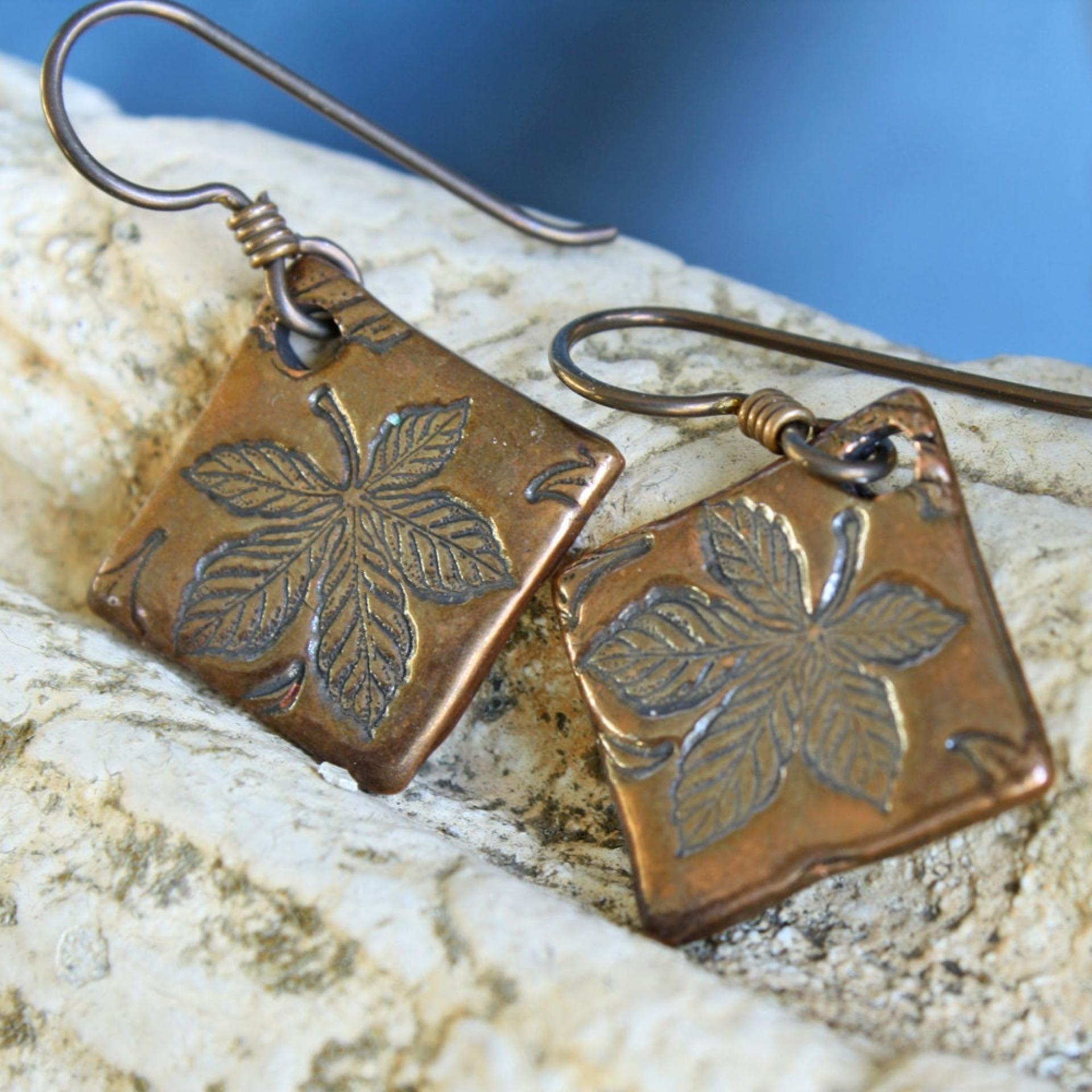 Copper Leaf Earrings, Niobium Ear Wires