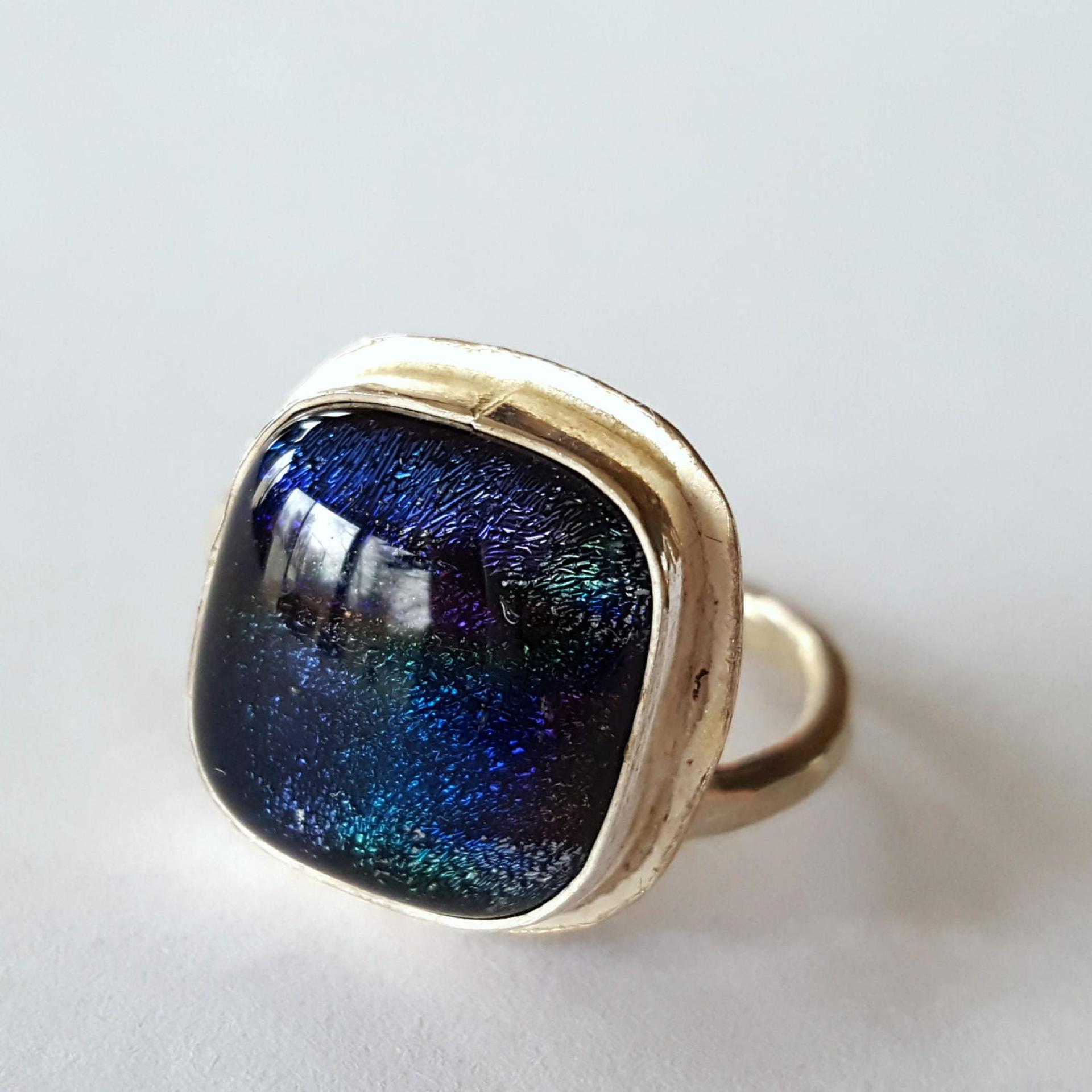 Sterling Silver Ring, Dichroic Glass, Wrap Around Design, Adjustable