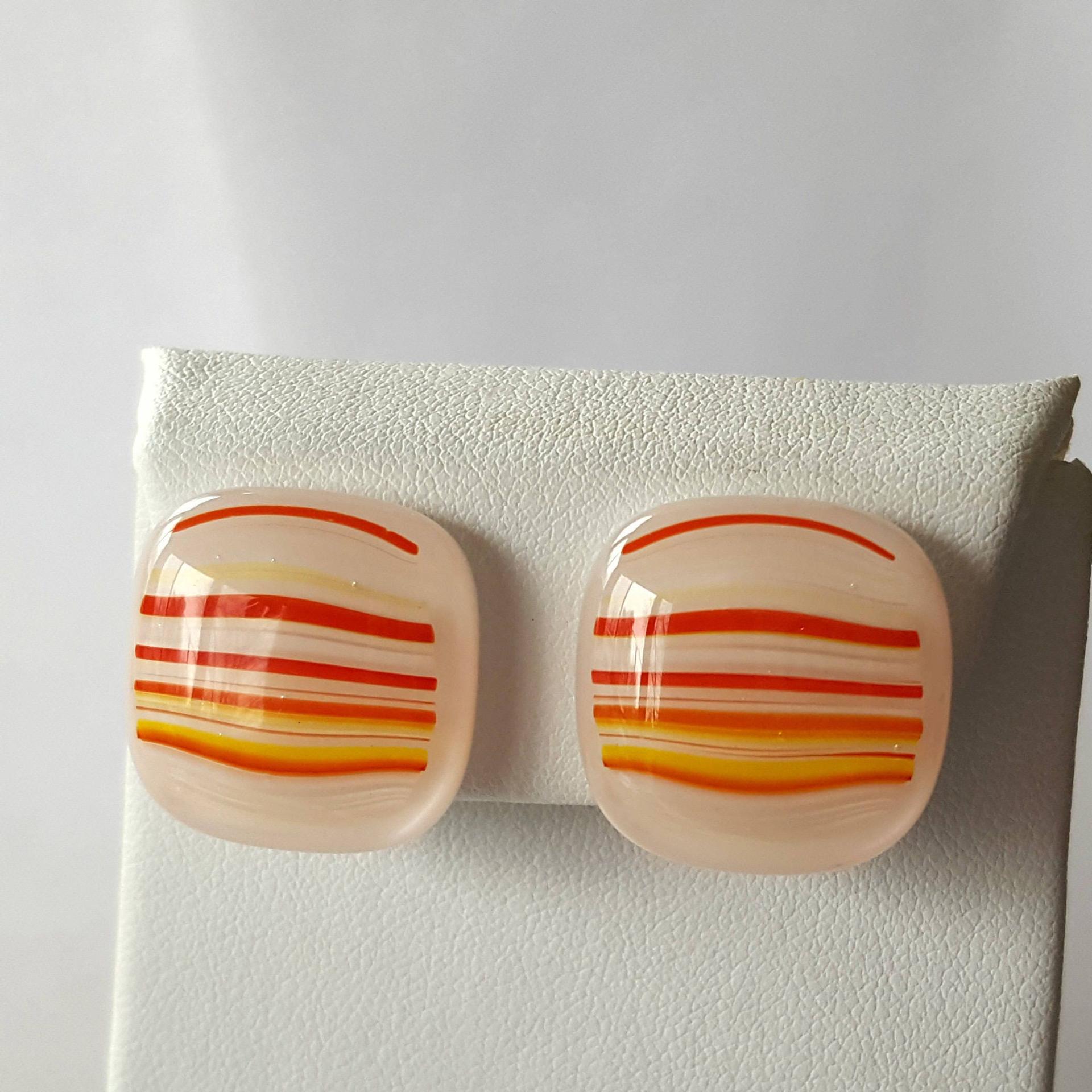 Clip-On Earrings, Fused Glass, Orange and Yellow Striped 