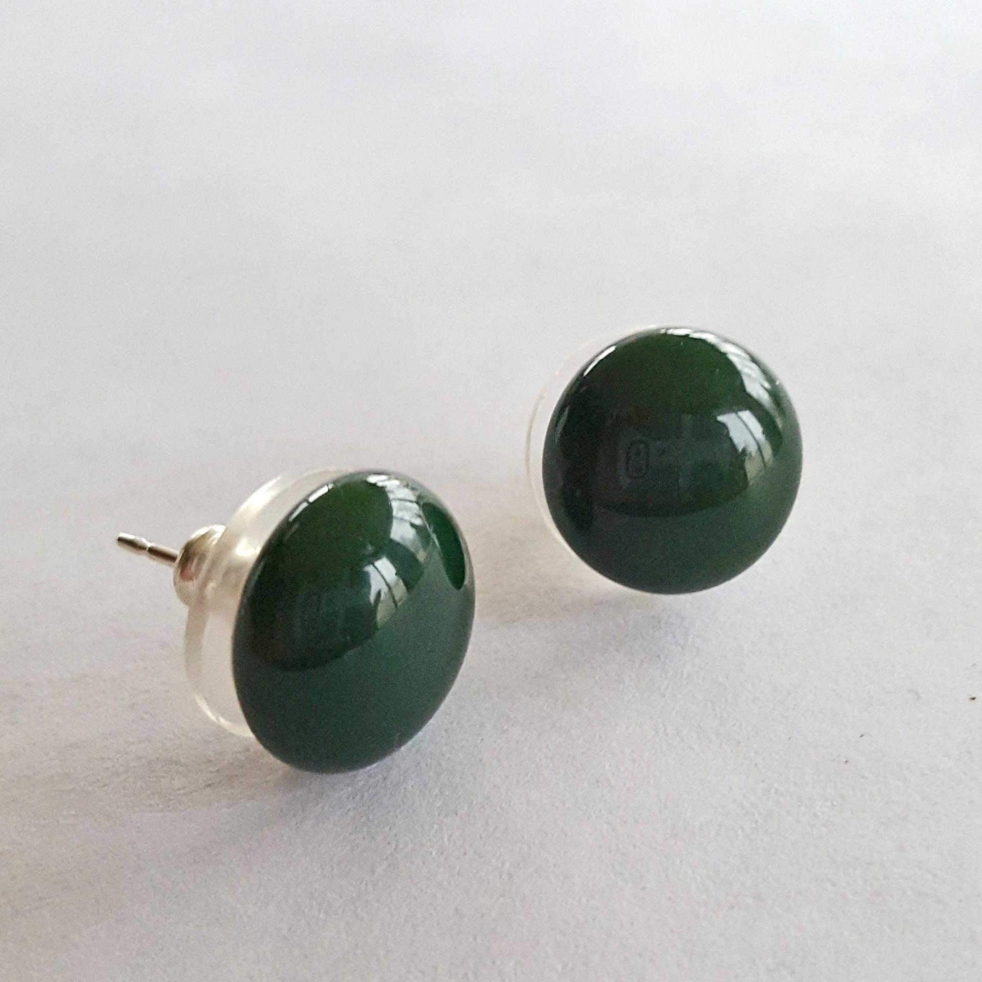 Green Stud Earrings, Fused Glass, Sterling Silver Posts