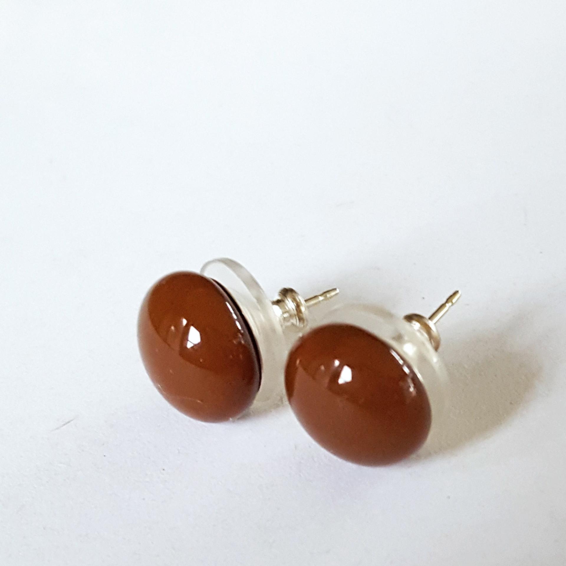 Brown Stud Earrings, Sterling Silver Posts, Fused Glass