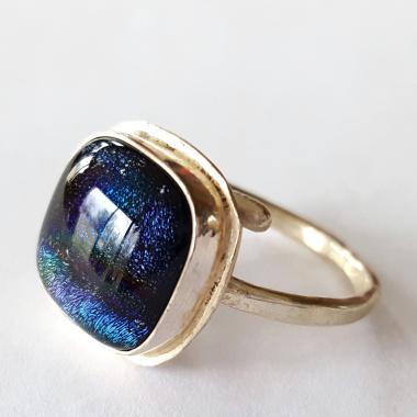 Sterling Silver Ring, Dichroic Glass, Wrap Around Design, Adjustable