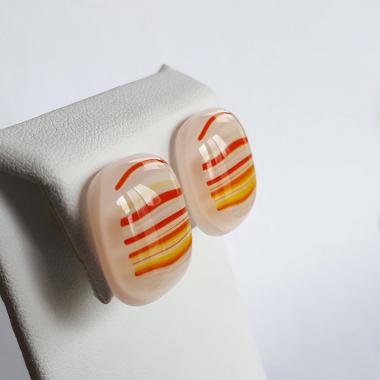Clip-On Earrings, Fused Glass, Orange and Yellow Striped 